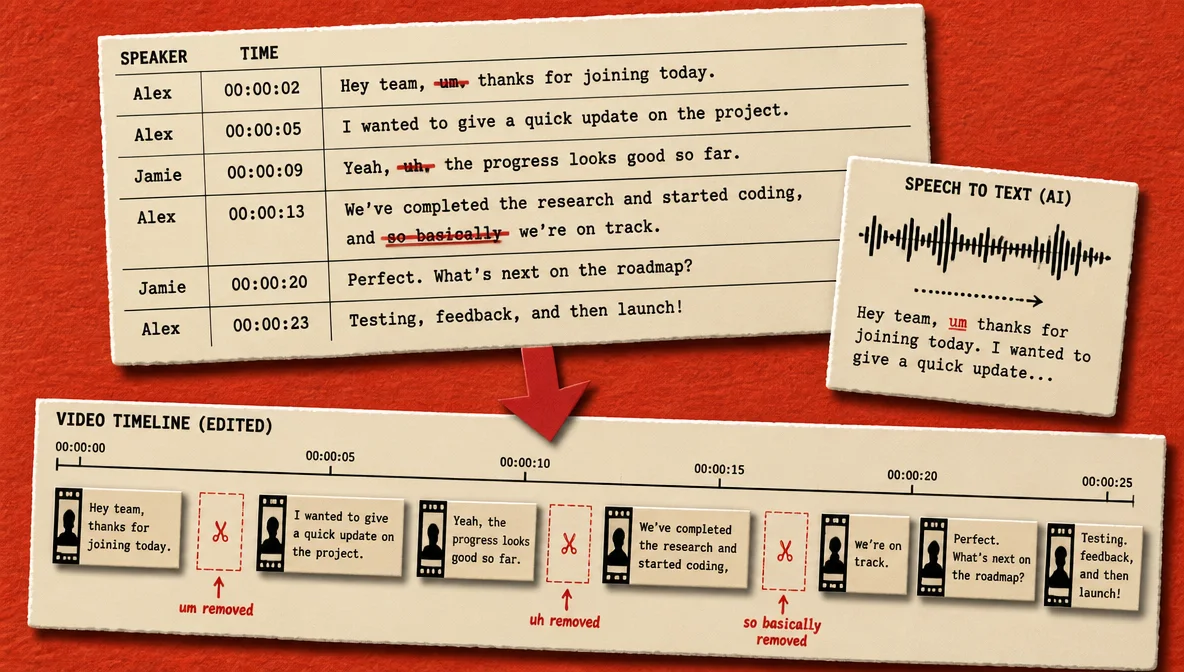 AI transcription converts speech to timed text with speaker labels; deleting words removes the corresponding footage